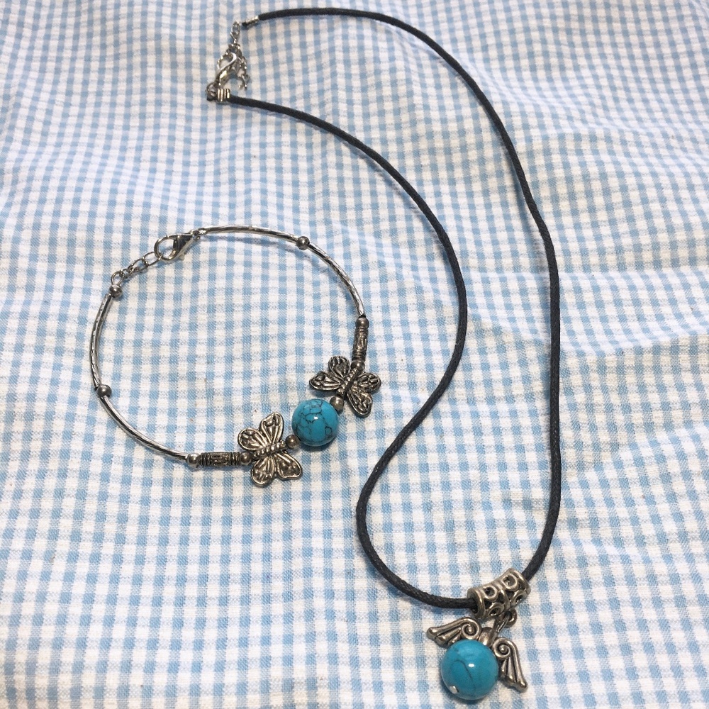silver, blue butterfly necklace and bracelet set